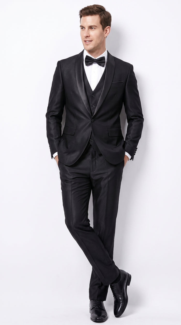 Men’s Black Sharkskin Vested Tuxedo, 1 Button Shawl Lapel Formal Wedding Prom Suit