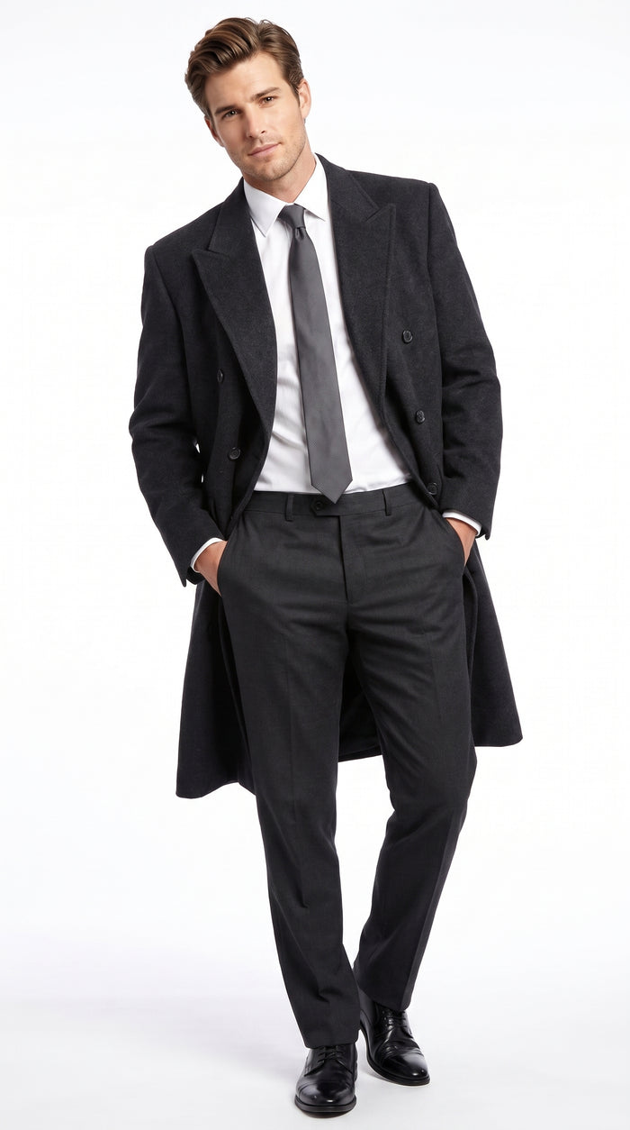 Alberto Nardoni Men’s Black Double Breasted Wool Blend Long Overcoat, Fully Lined Formal Dress Coat