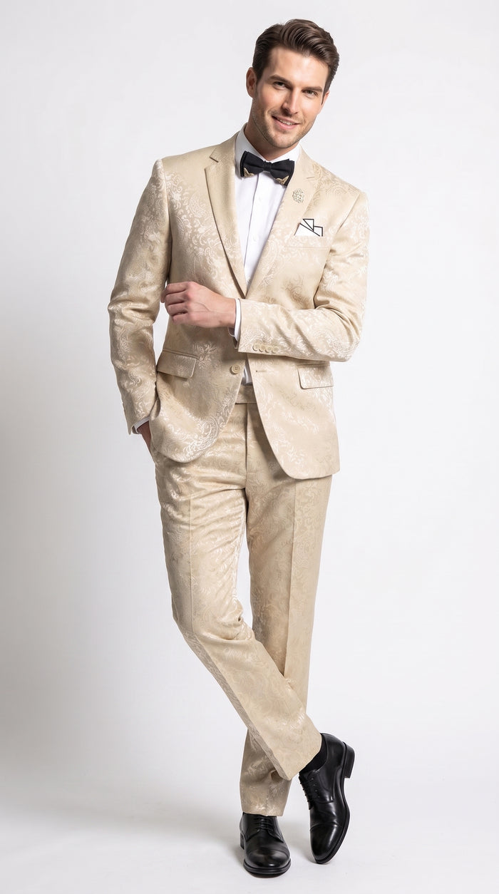 Men’s Champagne Paisley 2 Piece Prom Tuxedo, Formal Wedding Dinner Jacket Suit