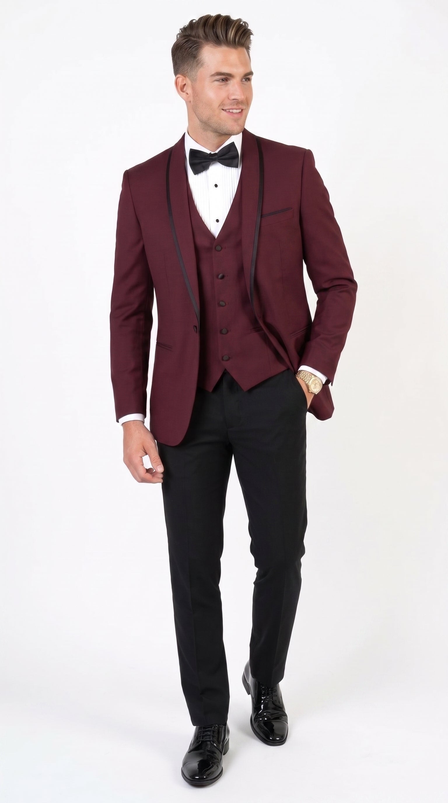 Men’s Burgundy and Black Wool Shawl Lapel Tuxedo Set – Formal Wedding Prom Dinner Suit