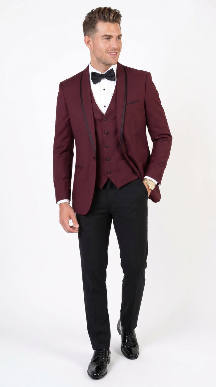 Men’s Burgundy and Black Wool Shawl Lapel Tuxedo Set – Formal Wedding Prom Dinner Suit