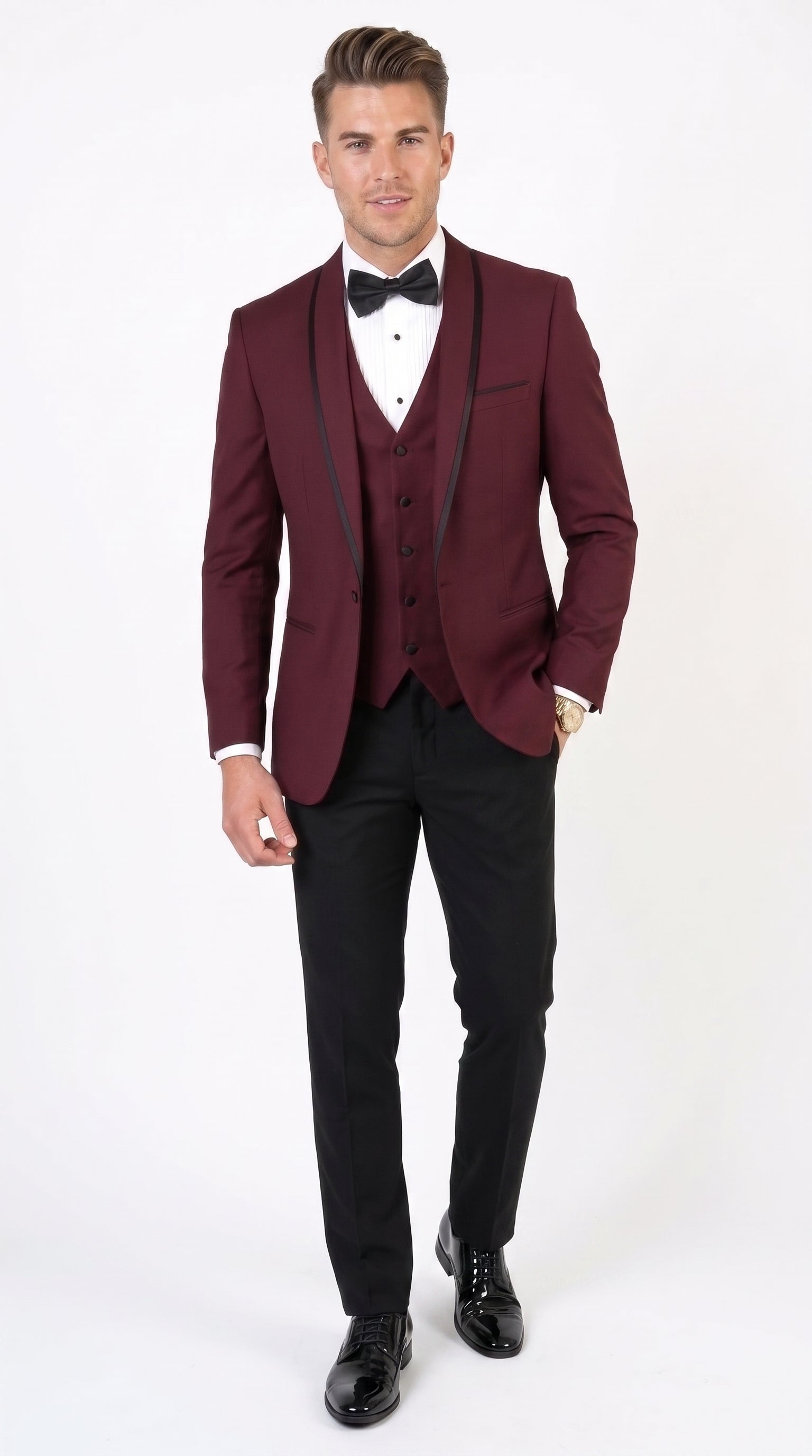 Men’s Burgundy and Black Wool Shawl Lapel Tuxedo Set – Formal Wedding Prom Dinner Suit