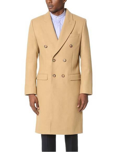 Men's Dress Coat Wool Blend Double Breasted Camel Back Vent Peak Lapel Overcoat Bronze Color Alberto Nardoni Collection