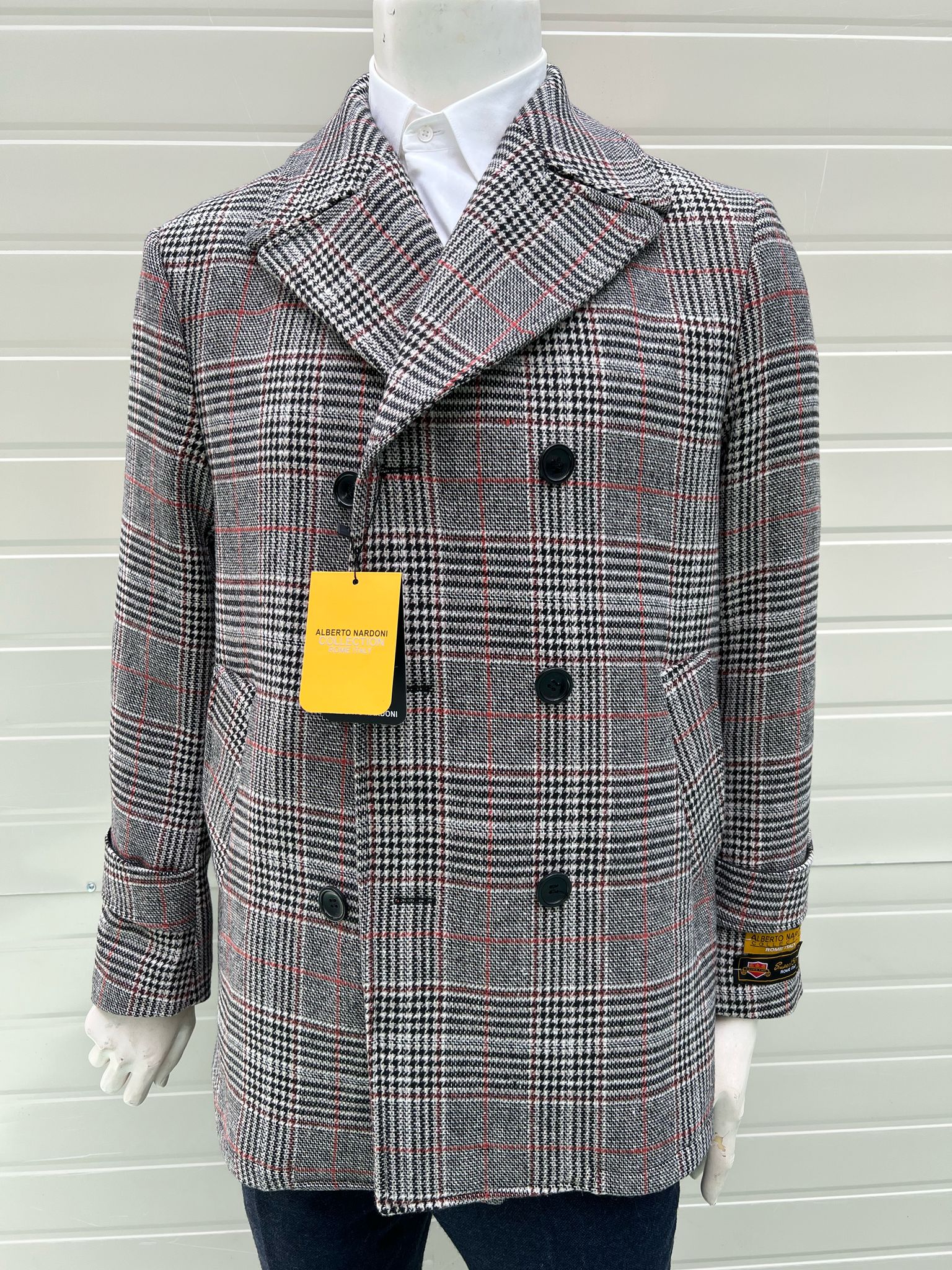 Double-Breasted Houndstooth Plaid Overcoat
