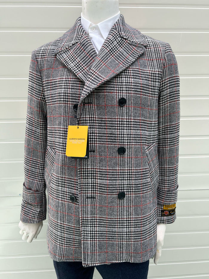 Double-Breasted Houndstooth Plaid Overcoat