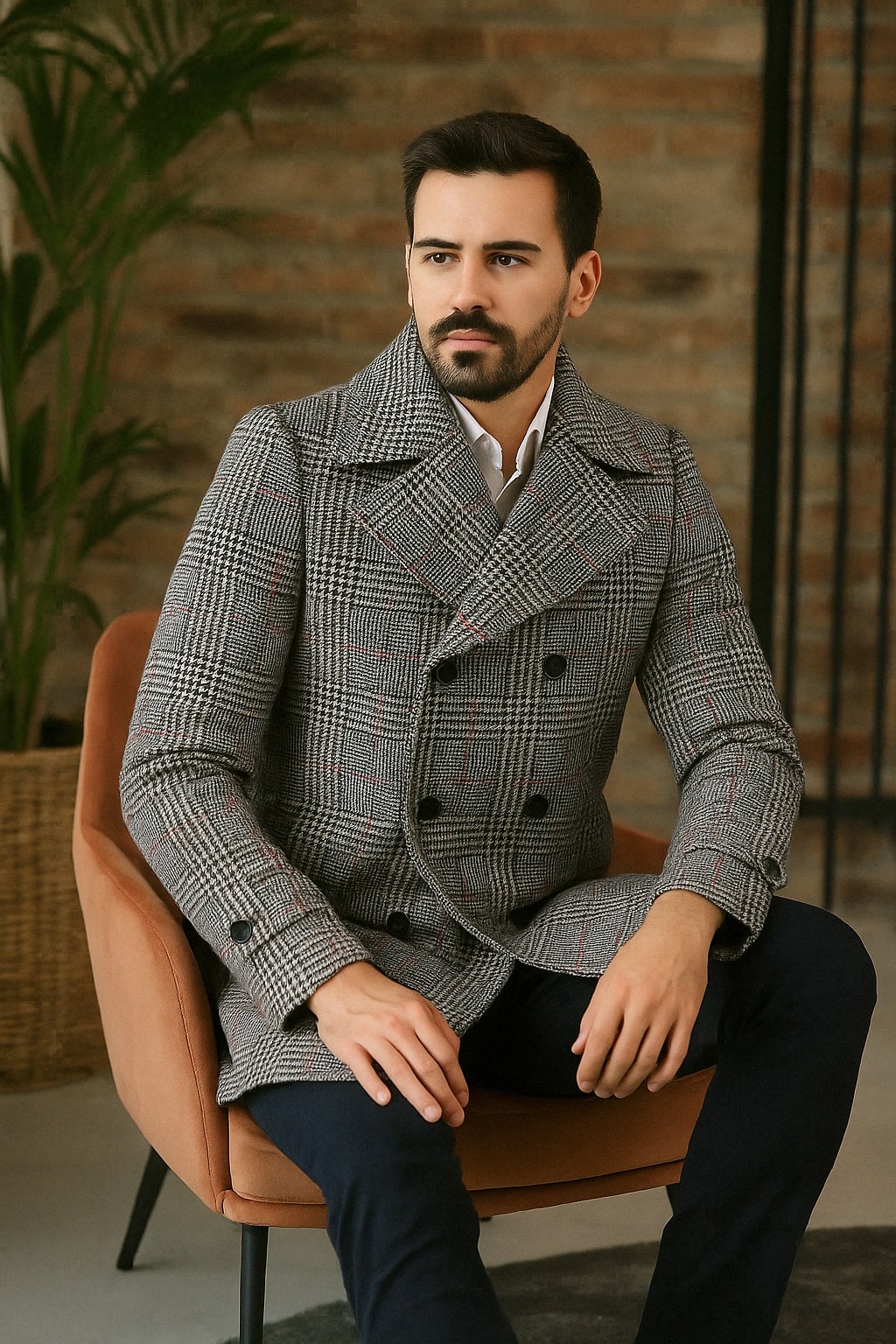 Double-Breasted Houndstooth Plaid Overcoat