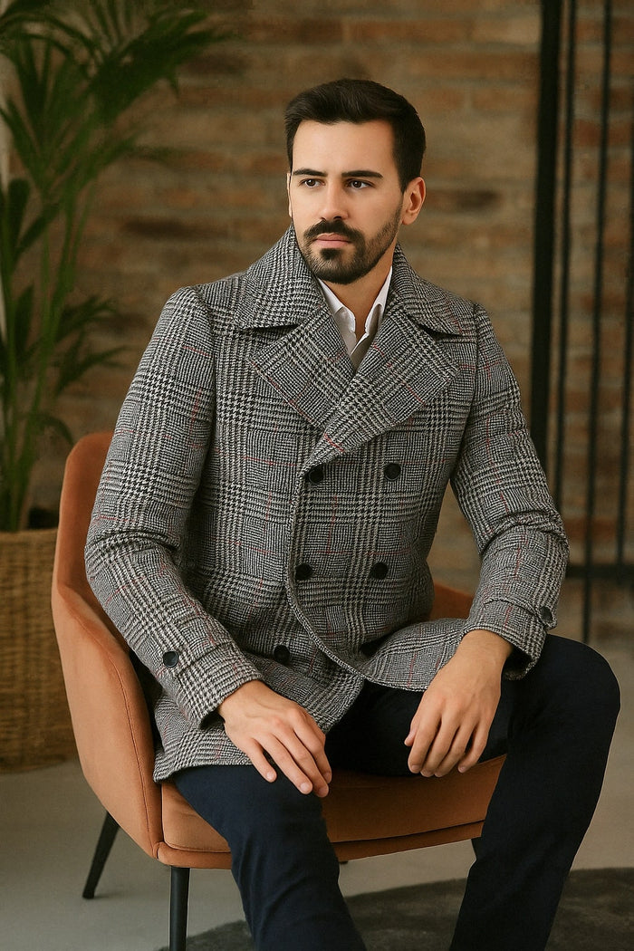 Double-Breasted Houndstooth Plaid Overcoat