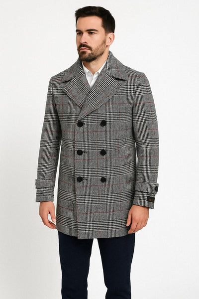 Double-Breasted Houndstooth Plaid Overcoat