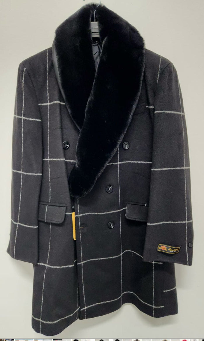 Black Windowpane Wool Overcoat with Fur Collar