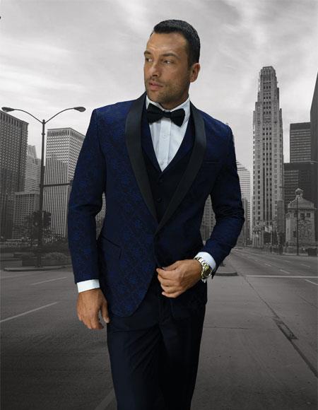 Men's One Button Shawl Lapel Dark Navy vested tuxedo Suit
