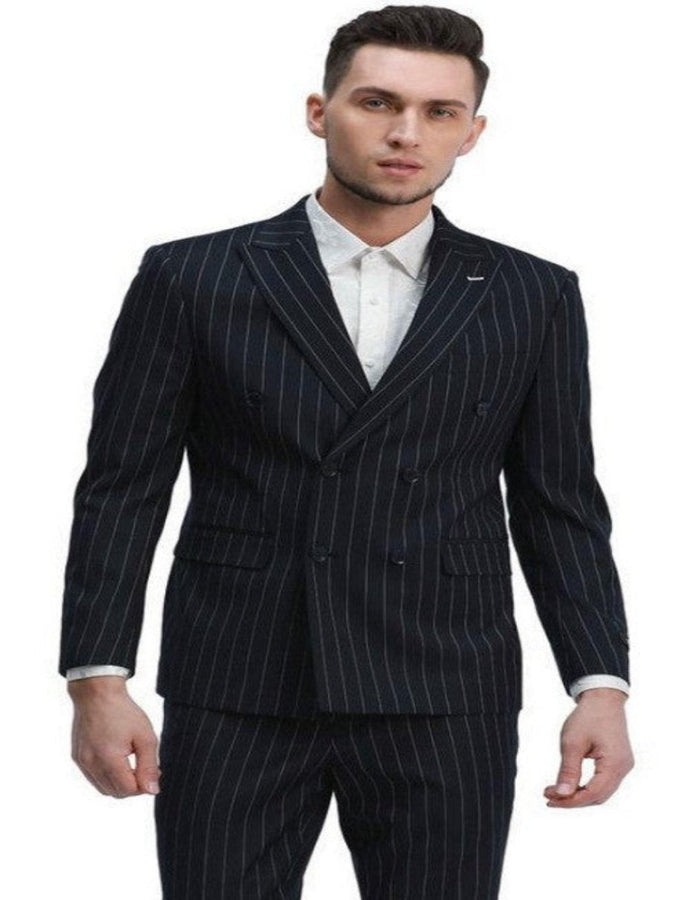 Navy Pinstripe Skinny Fit Double Breasted Suit