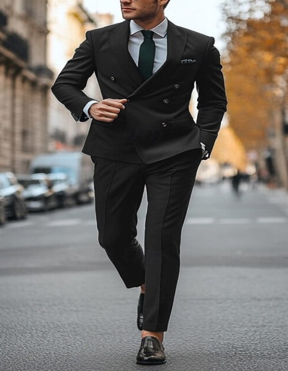 Slim Fit Black Double Breasted Suit with Gold Buttons