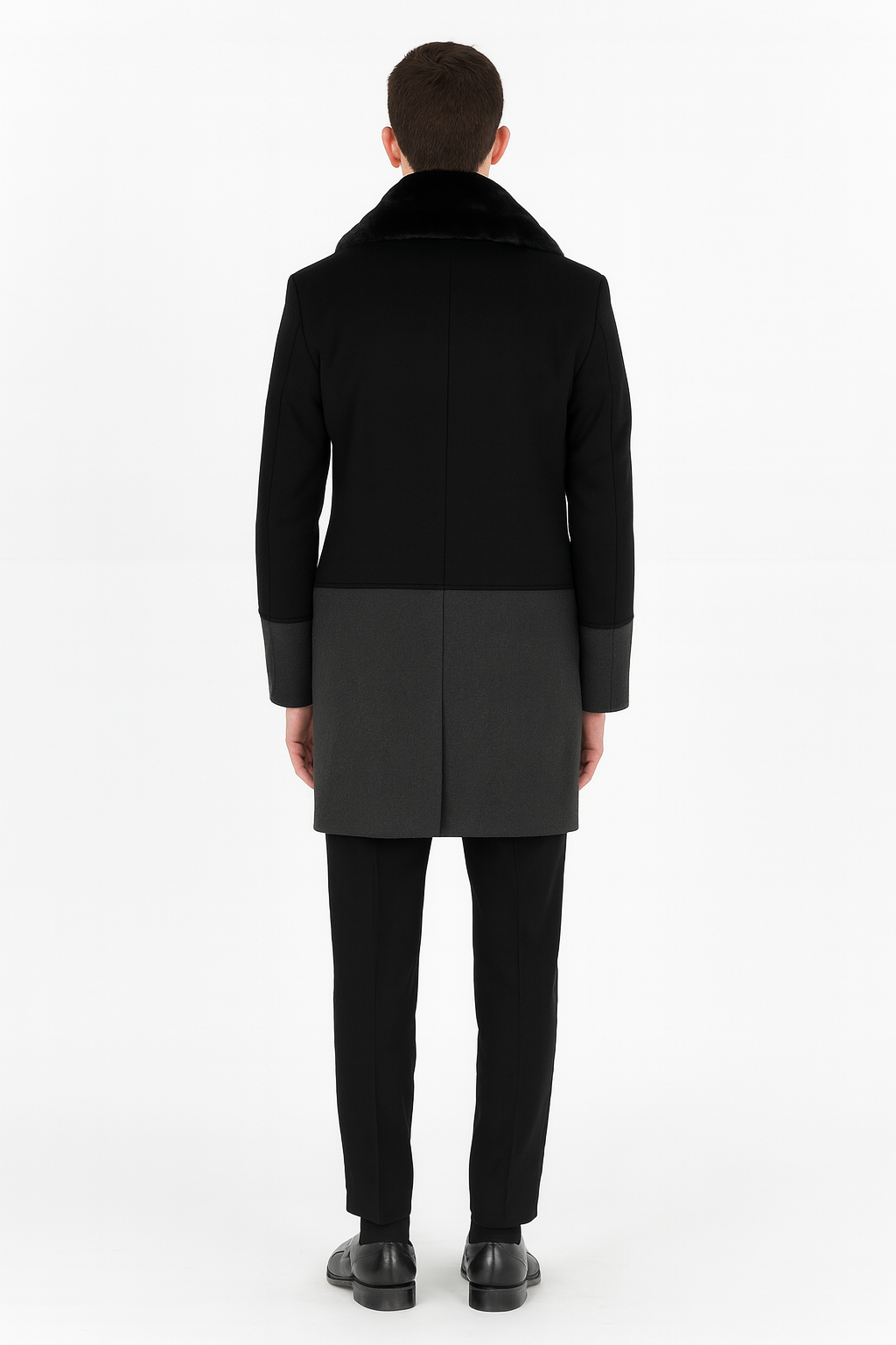 Men’s Double-Breasted Wool Overcoat with Faux Fur Shawl Collar – Classic Winter Dress Coat in Half Black and Charcoal