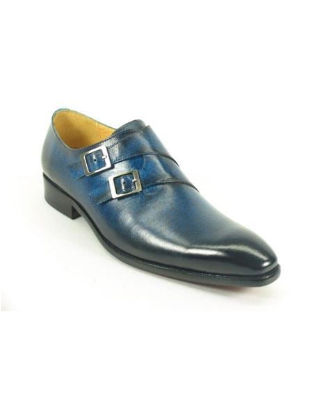 Men's Carrucci Double Monk Strap Leather Fashionable Stylish Dress Shoe Navy - Teal Dress Shoe - Antique blue Shoe- Men's Buckle Dress Shoes