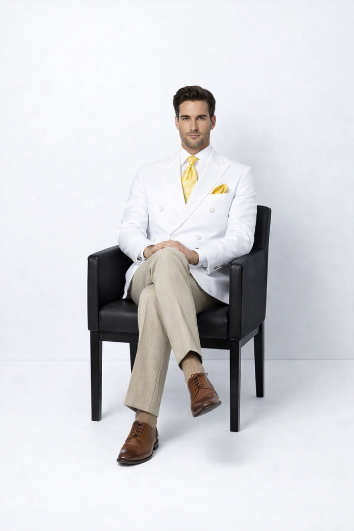 Men’s White Formal Blazer – Double Breasted Classic Fit Sport Coat