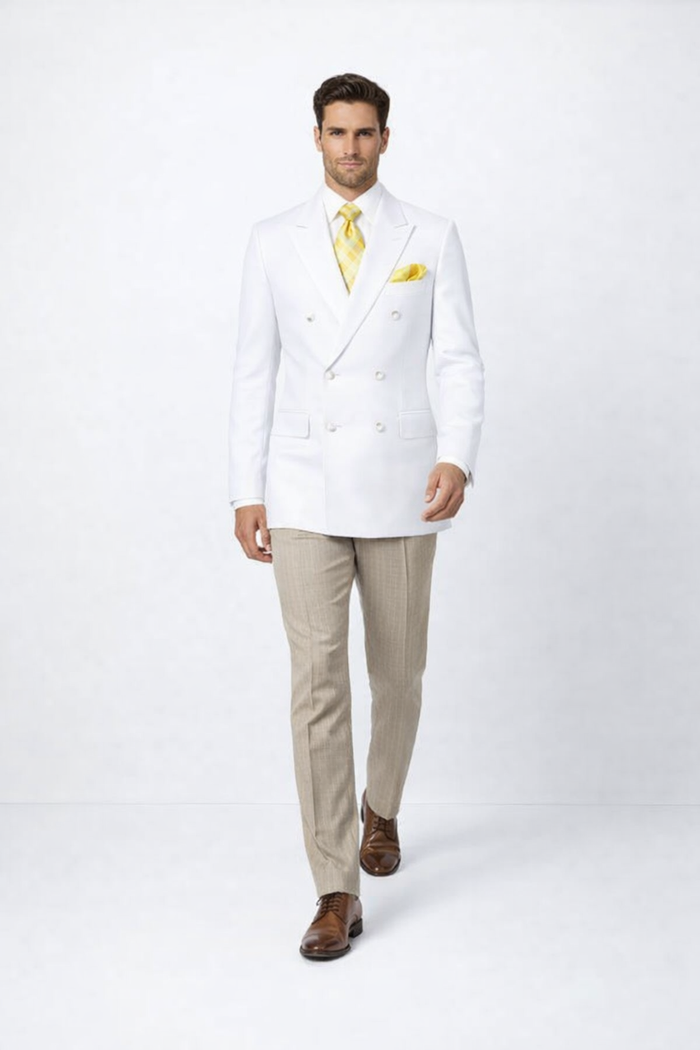 Men’s White Formal Blazer – Double Breasted Classic Fit Sport Coat