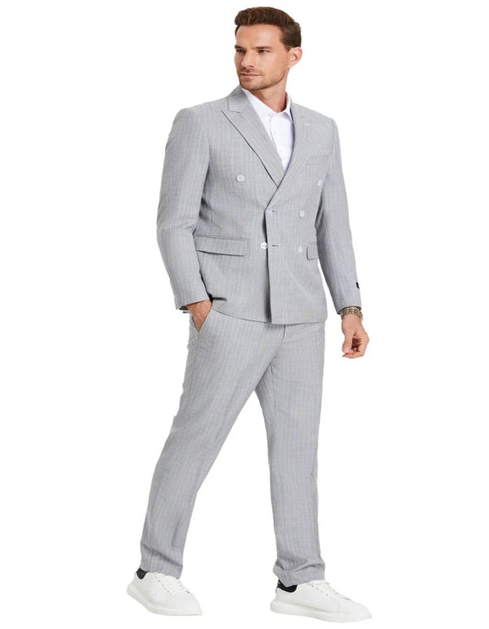 Men's Slim Fit Double Breasted Light Grey Suit