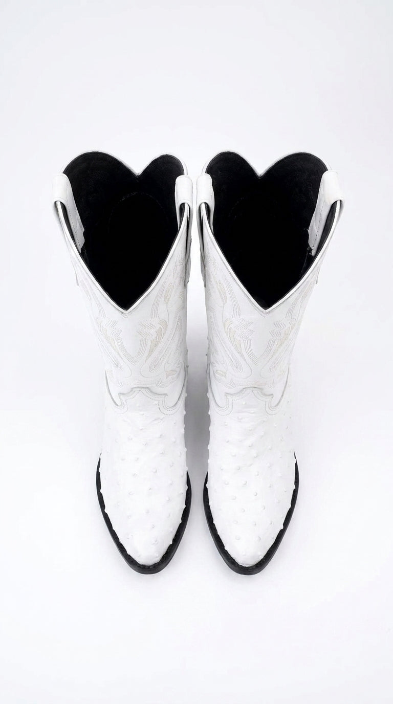 Men’s White Print Ostrich Western Boots, Exotic Cowboy Dress Boots for Wedding and Country Wear