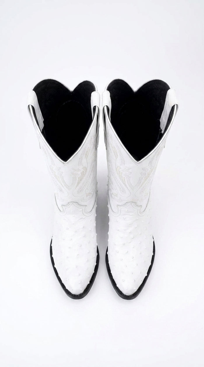 Men’s White Print Ostrich Western Boots, Exotic Cowboy Dress Boots for Wedding and Country Wear