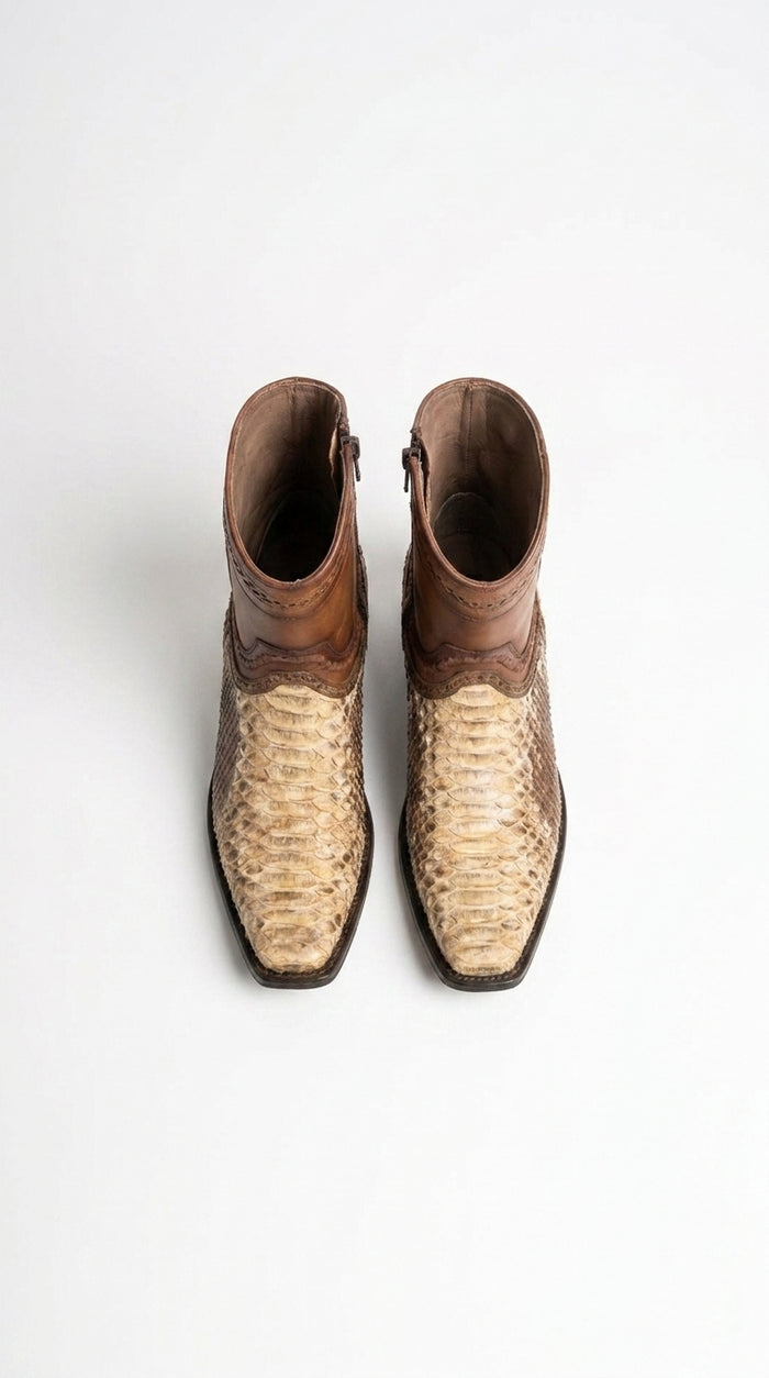 Men’s Natural Python Skin European Toe Short Boots, Brown Western Dress Ankle Boots