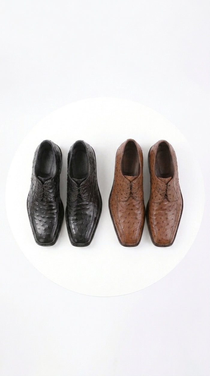 Men’s Exotic Ostrich Oxford Dress Shoes, Black and Brown Lace-Up Ostrich Skin Formal Shoes