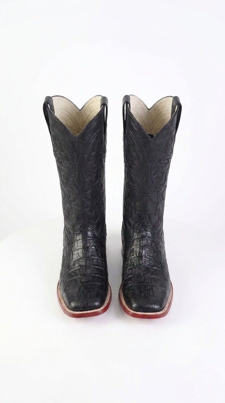 Los Altos Men’s Black Caiman Belly Wide Square Toe Boots, Exotic Western Cowboy Dress Boots