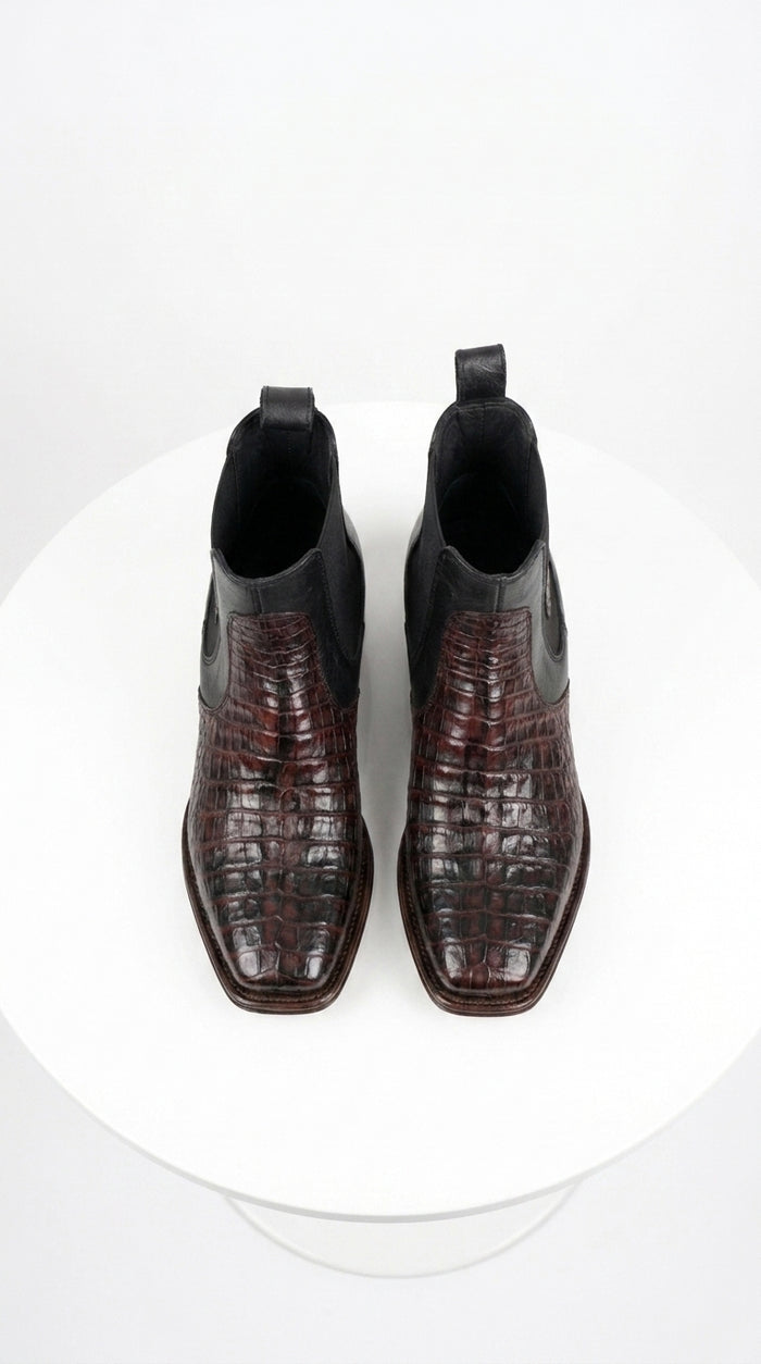 Men’s Black Cherry Short Caiman Boots, Square Toe Exotic Dress Ankle Boots