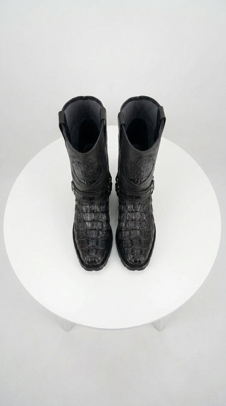 Los Altos Men’s Black Caiman Tail Skin Biker Boots, Exotic Western Motorcycle Boots