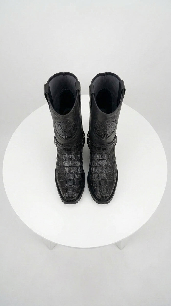 Los Altos Men’s Black Caiman Tail Skin Biker Boots, Exotic Western Motorcycle Boots