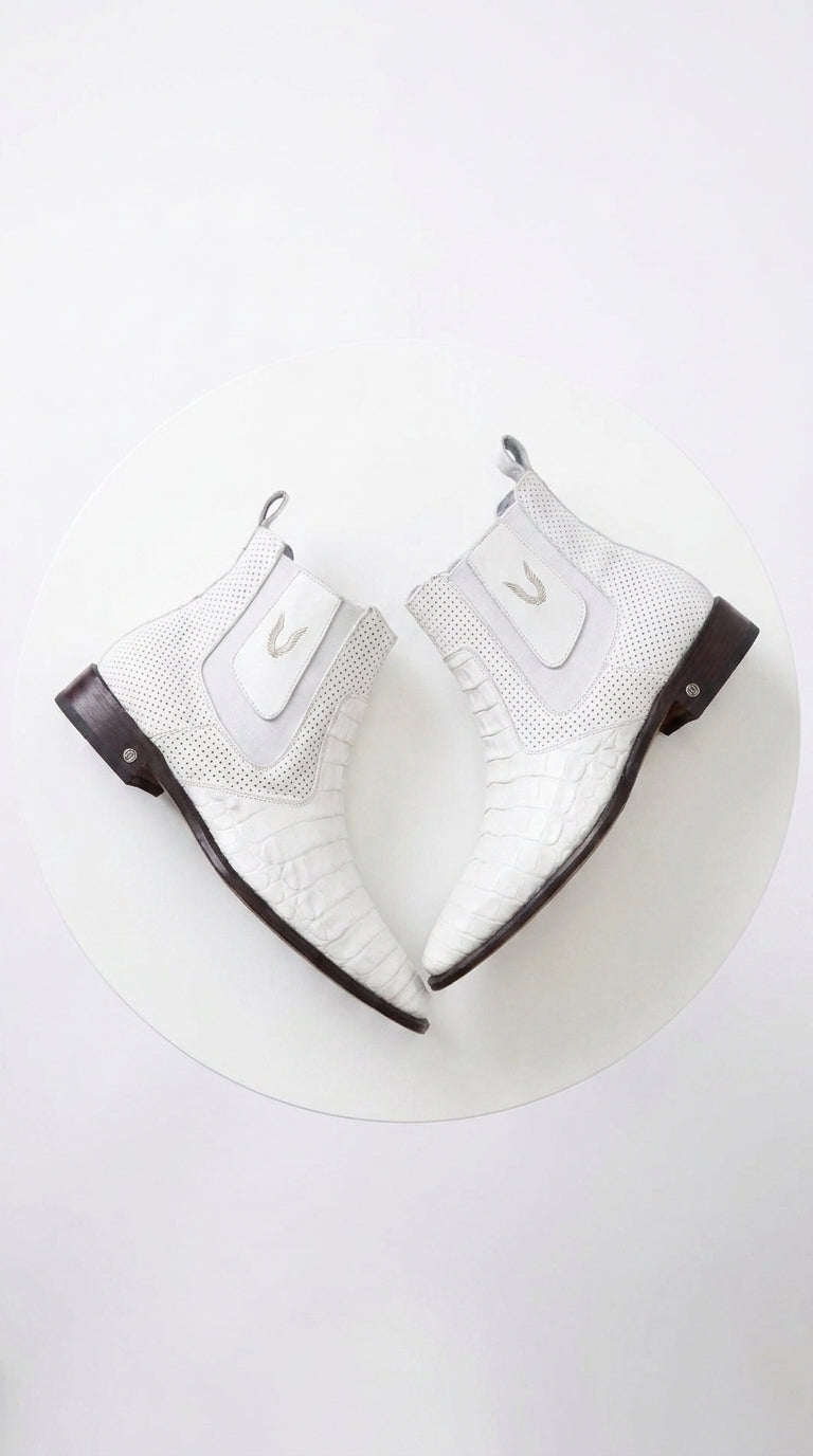 Men’s White Caiman Chelsea Boots, Handmade Exotic Dress Ankle Boots for Formal and Western Style