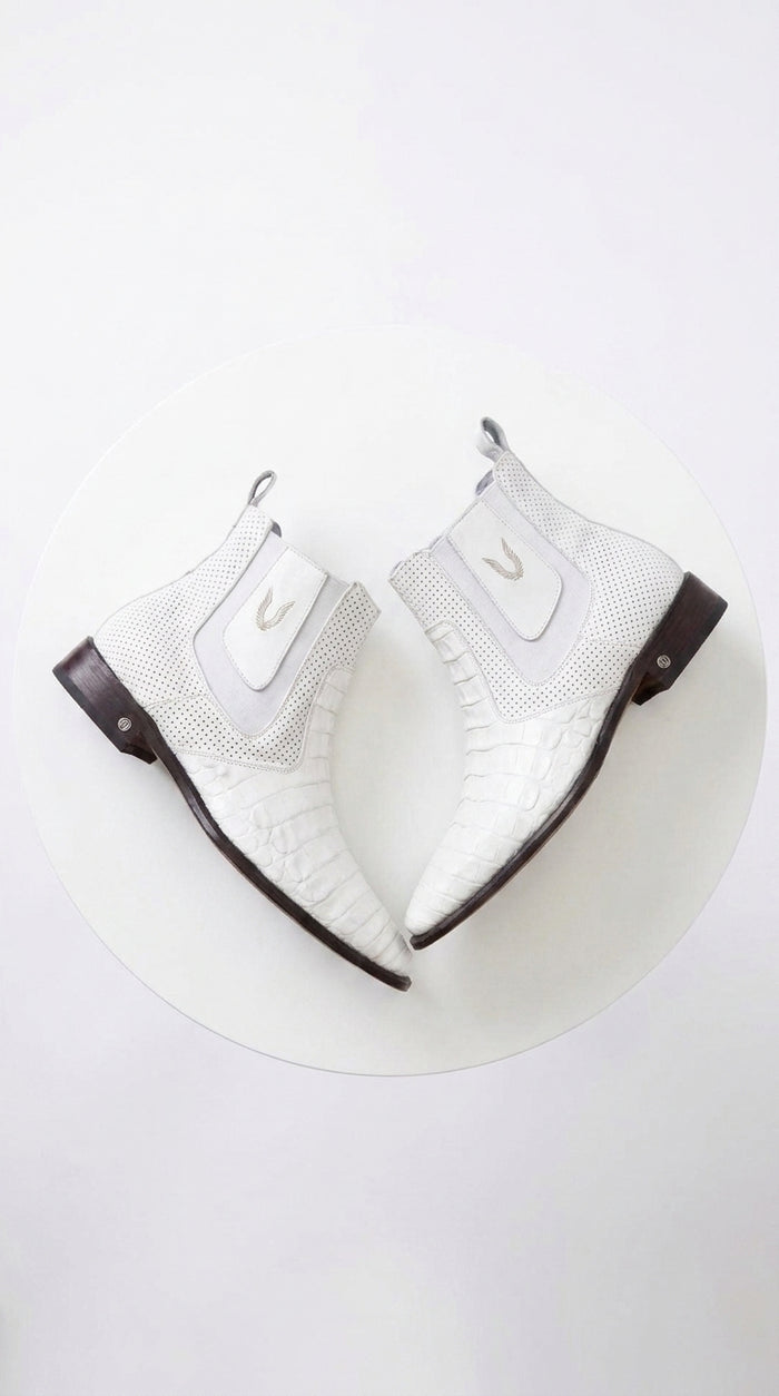 Men’s White Caiman Chelsea Boots, Handmade Exotic Dress Ankle Boots for Formal and Western Style
