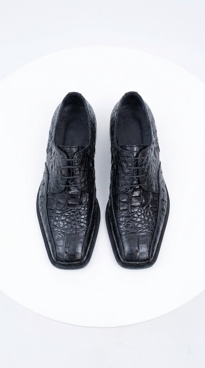 Los Altos Men’s Black Gator Belly Dress Shoes, Exotic Lace-Up Formal Shoes