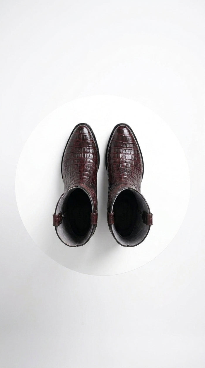 Los Altos Men’s Black Cherry Caiman Belly Boots, Round Toe Exotic Western Cowboy Dress Boots