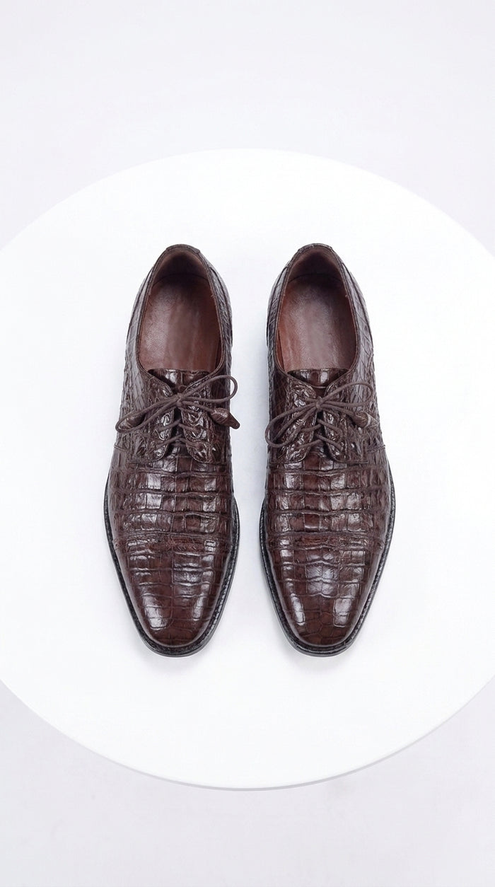 Los Altos Men’s Brown Genuine Caiman Oxford Shoes, Exotic Lace-Up Formal Dress Shoes
