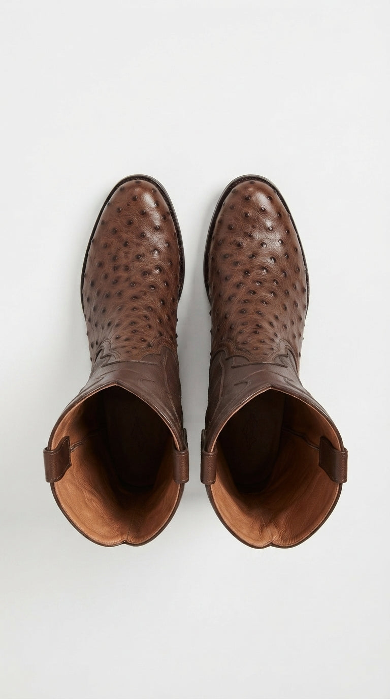Los Altos Men’s Brown Ostrich Roper Western Boots, Exotic Cowboy Dress Boots