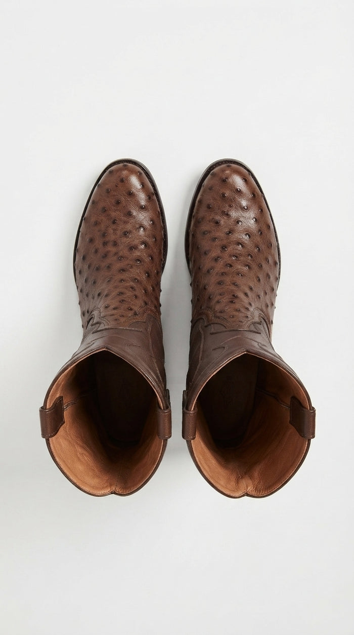 Los Altos Men’s Brown Ostrich Roper Western Boots, Exotic Cowboy Dress Boots