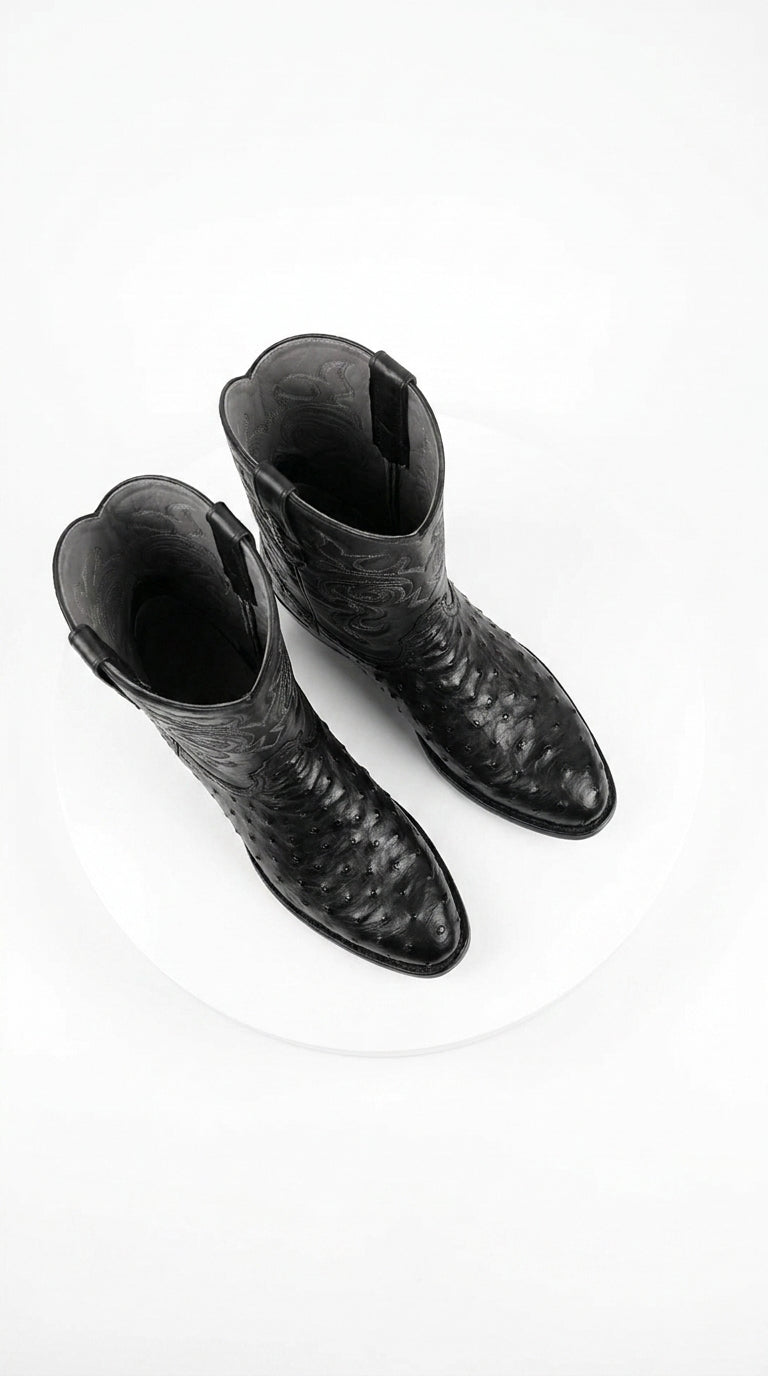 Los Altos Men’s Black Full Quill Ostrich Boots, Round Toe Exotic Western Cowboy Dress Boots