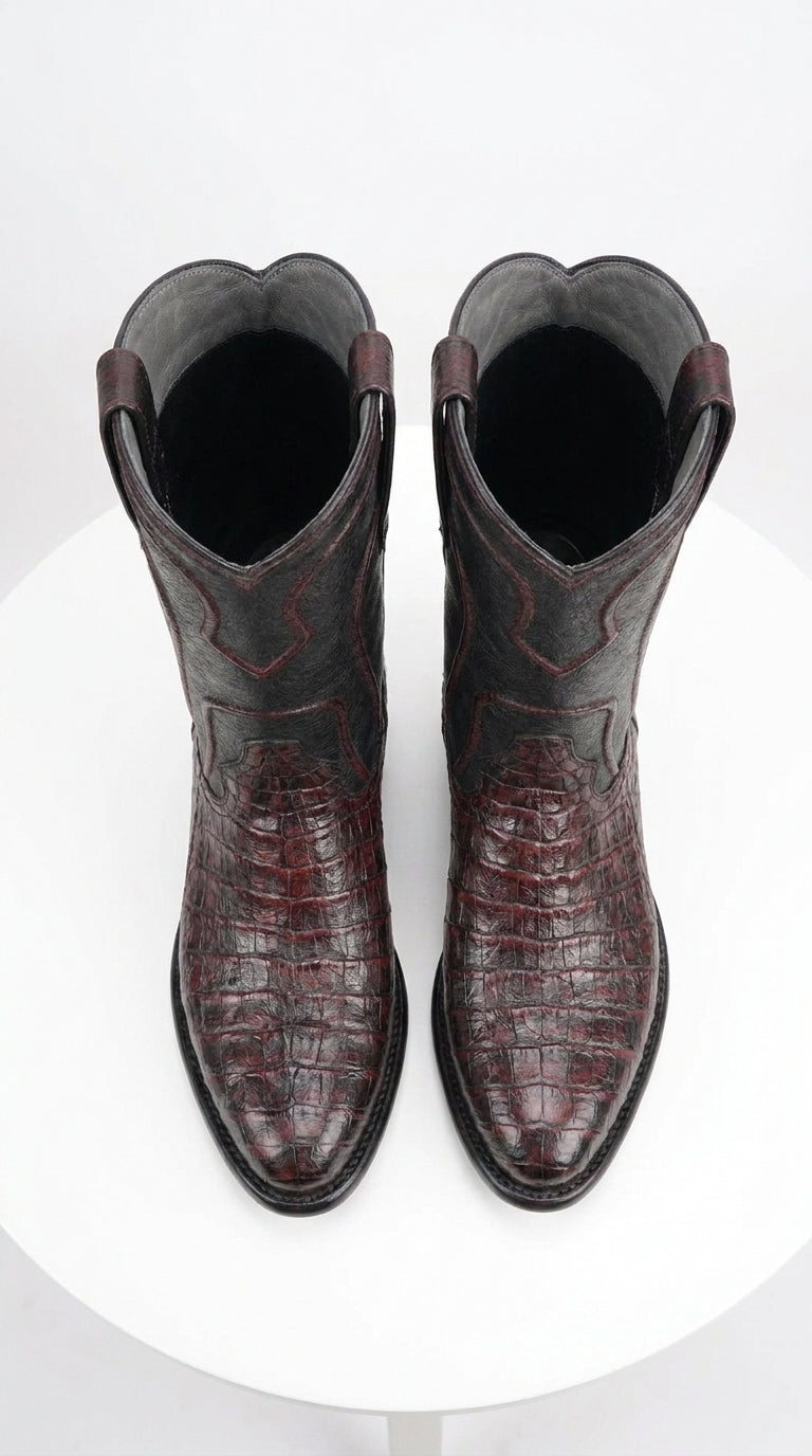 Los Altos Men’s Black Cherry Caiman Belly Roper Toe Boots, Exotic Western Cowboy Dress Boots