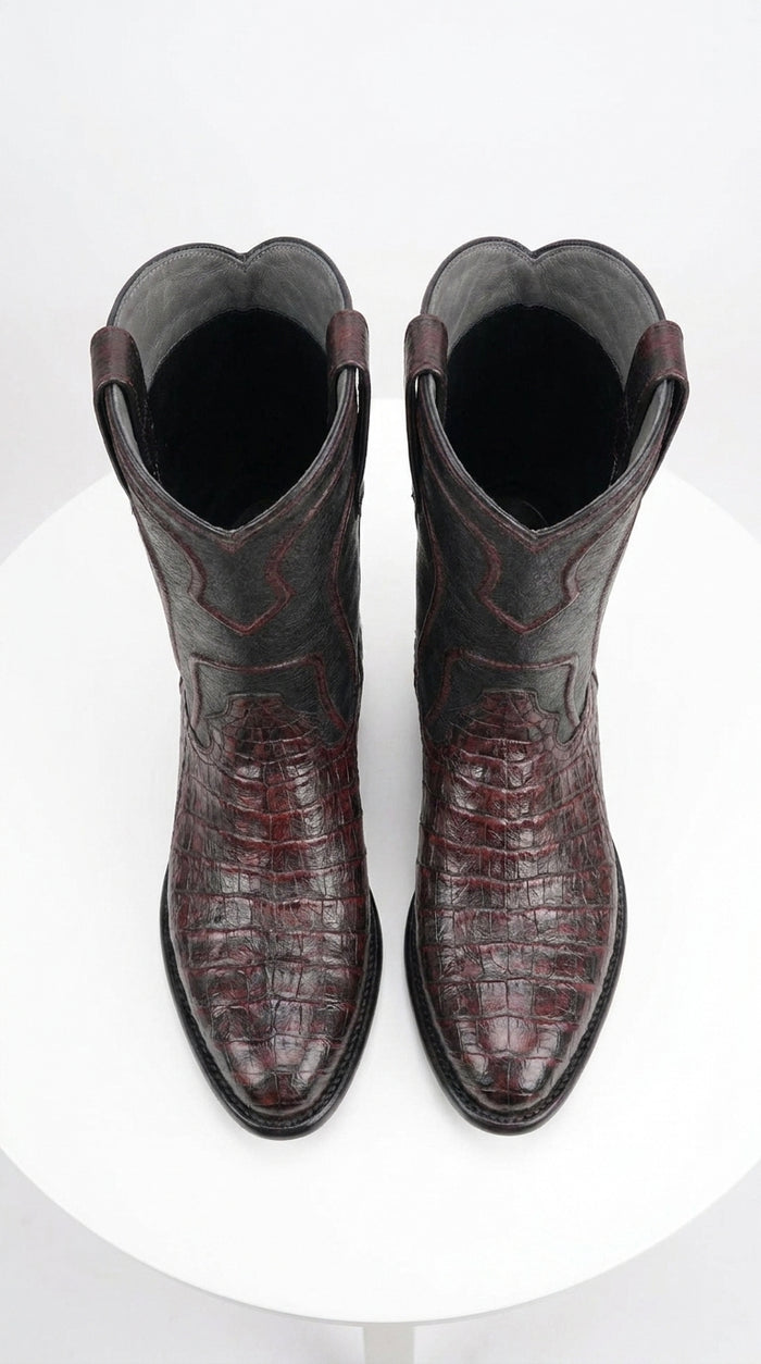 Los Altos Men’s Black Cherry Caiman Belly Roper Toe Boots, Exotic Western Cowboy Dress Boots