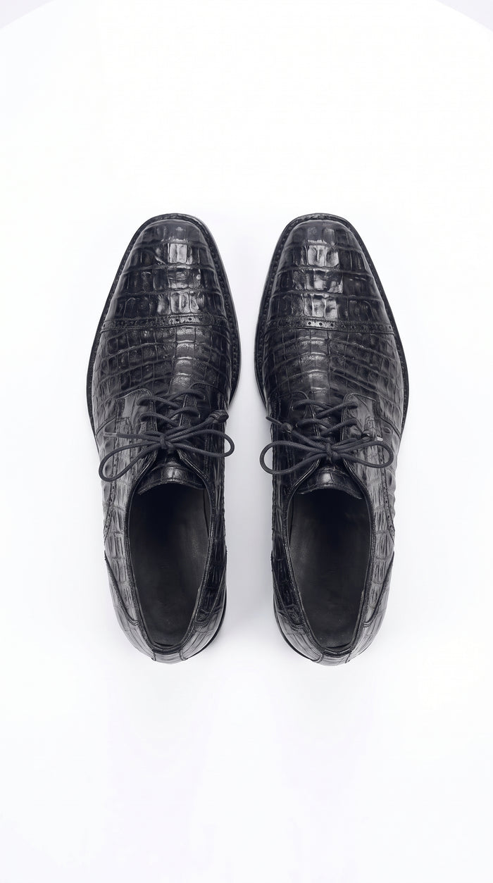 Los Altos Men’s Black Caiman Crocodile Oxford Shoes, Exotic Lace-Up Formal Dress Shoes