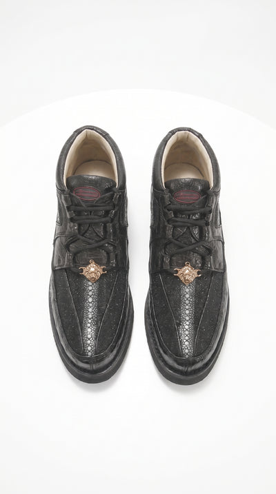 Men’s Black Stingray and Ostrich Casual Shoes, Exotic Lace-Up Dress Casual Shoes