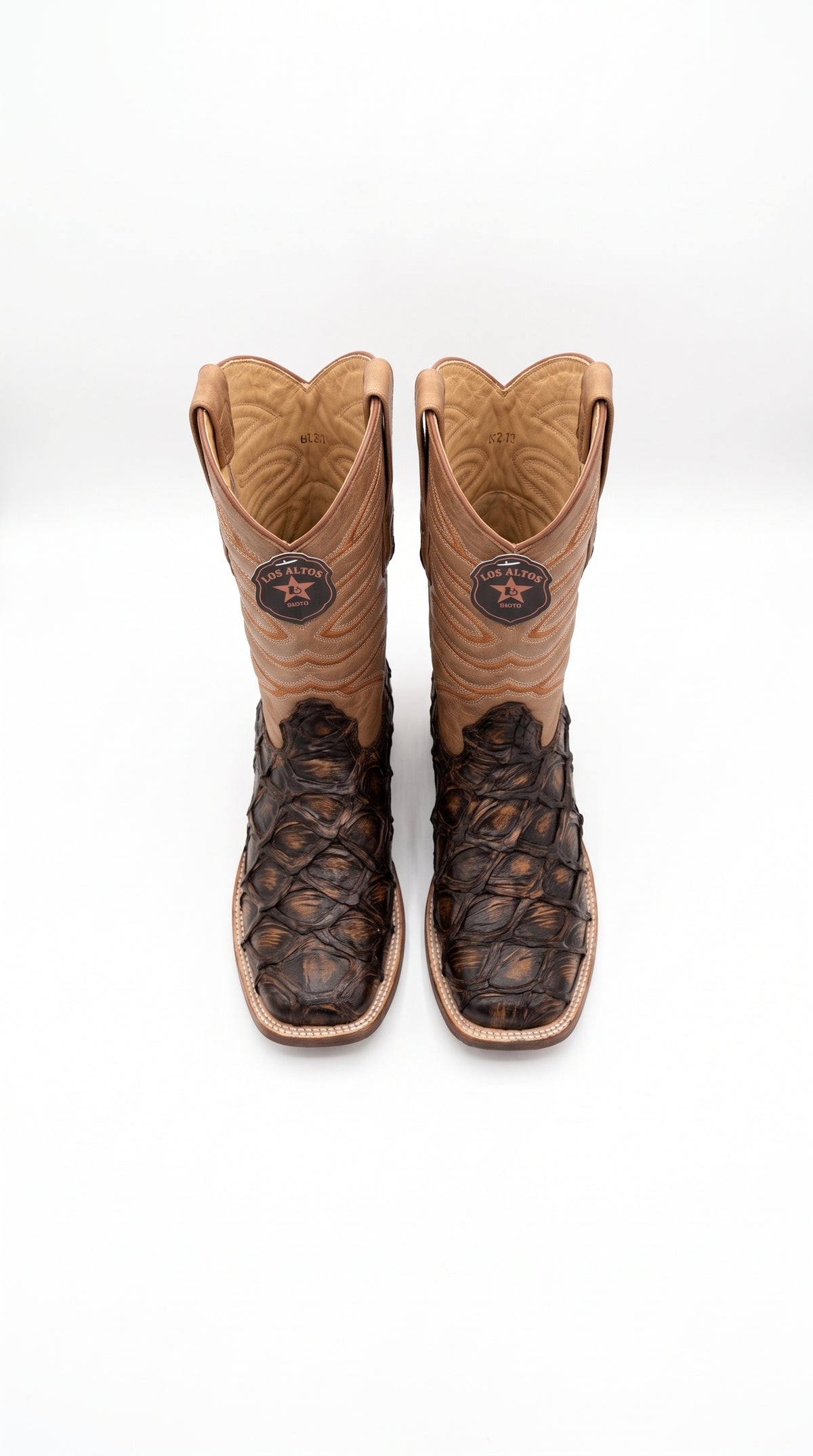 Los Altos Rustic Cognac Pirarucu Square Toe Boots, Exotic Western Cowboy Dress Boots