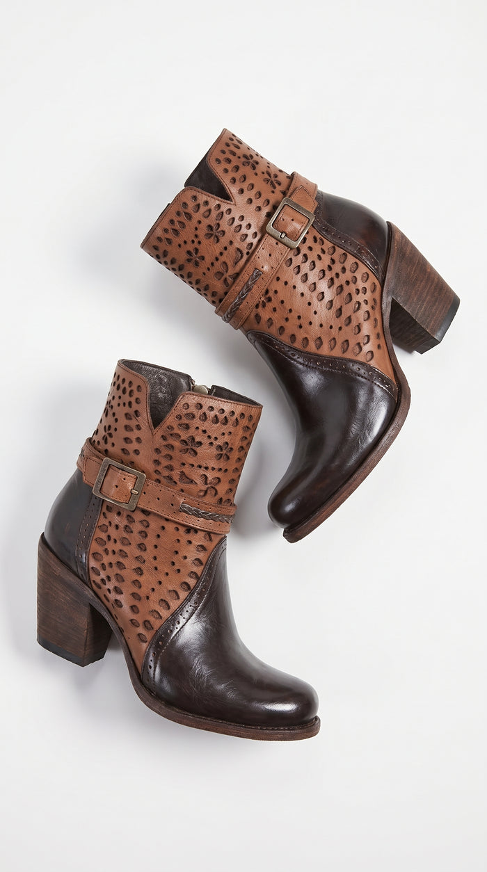Women’s Quincy Brown Leather Ankle Boots, Oval Toe Short Fashion Boots with Buckle Detail