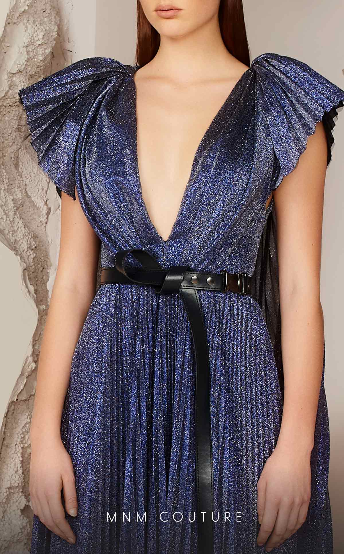 MNM Couture E0018 Gold Metallic Pleated V-Neck Evening Gown