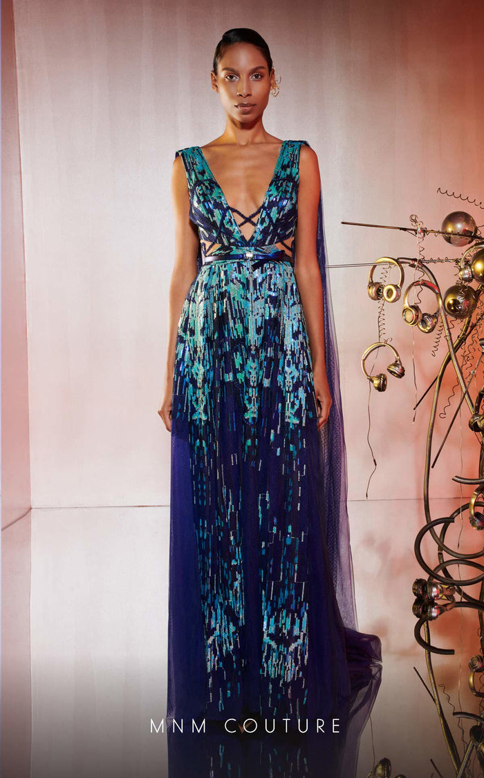 MNM Couture E0044 Blue Embroidered V-Neck Gown with Flared Skirt