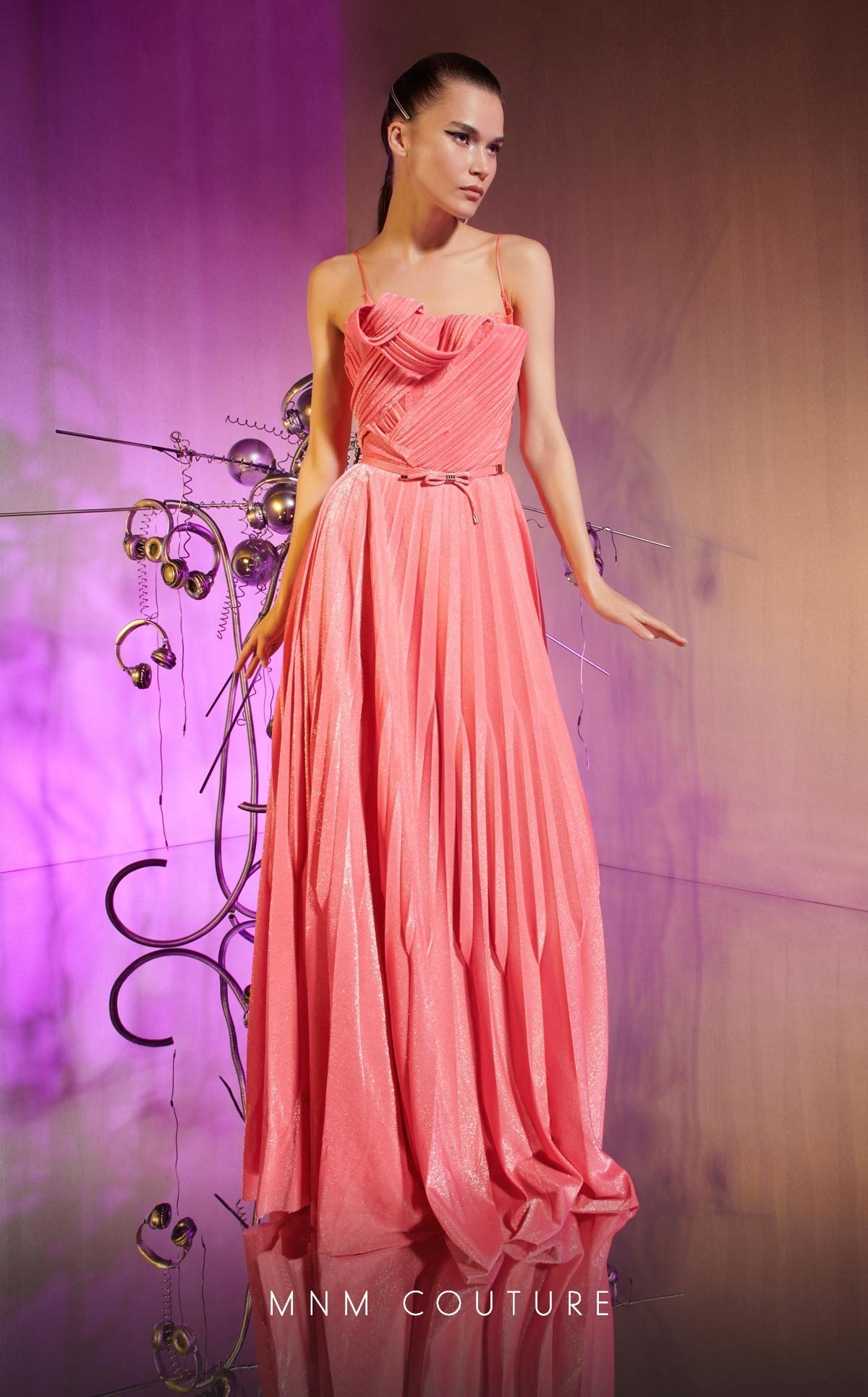 MNM Couture E0045 Strapless Metallic Pink Plissé Gown with Draped Corset