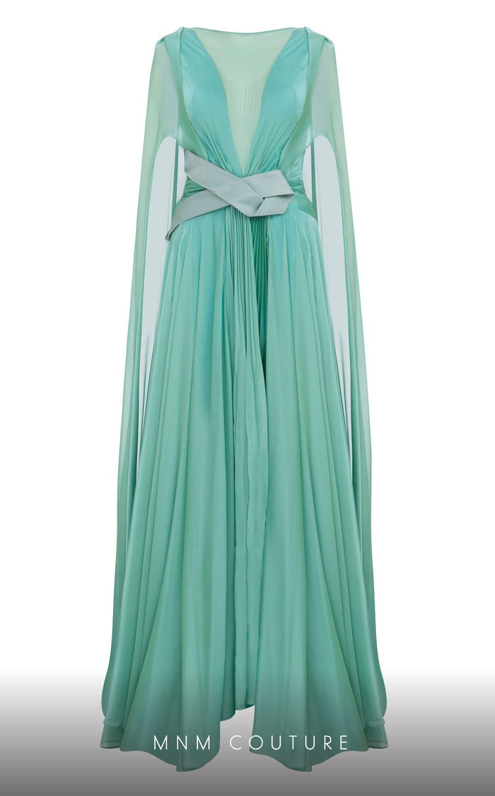 MNM Couture E0061 Coral Pleated Evening Gown with Cape Sleeves