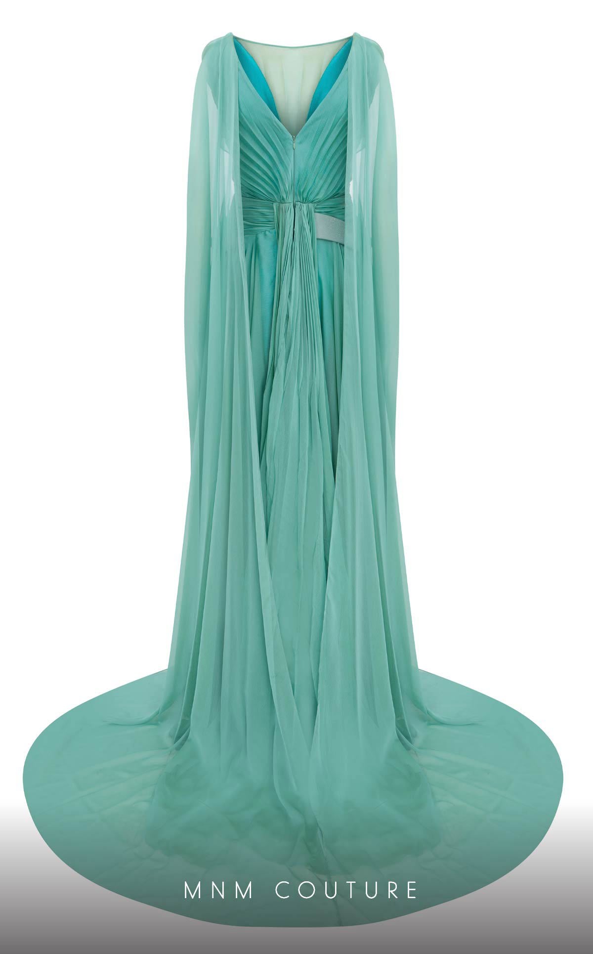 MNM Couture E0061 Coral Pleated Evening Gown with Cape Sleeves
