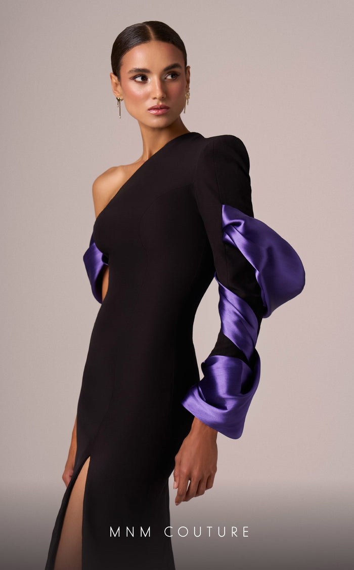 MNM Couture E0067 Asymmetrical Gown in Black/Purple