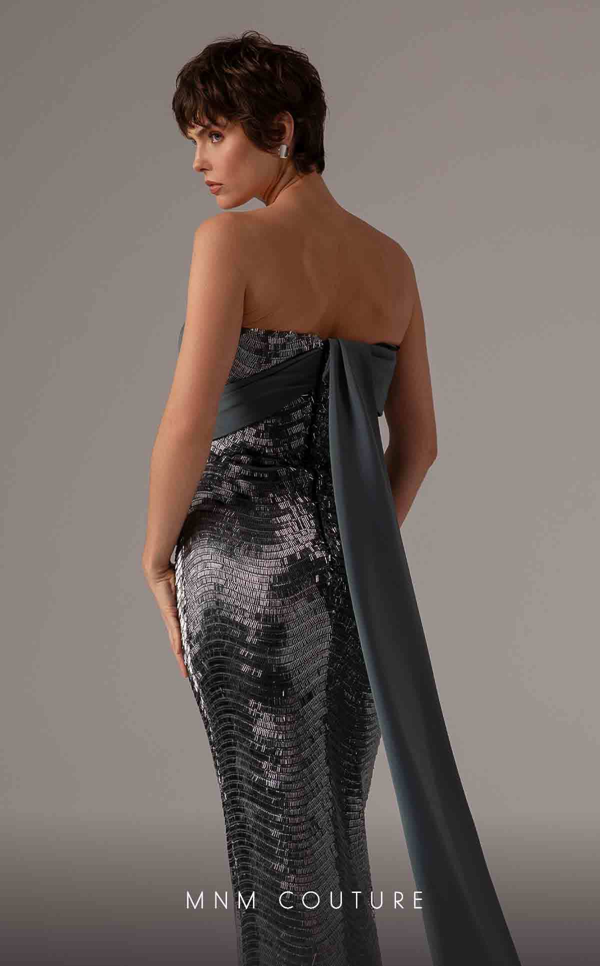 MNM Couture E0087 Silver Off-Shoulder Gown